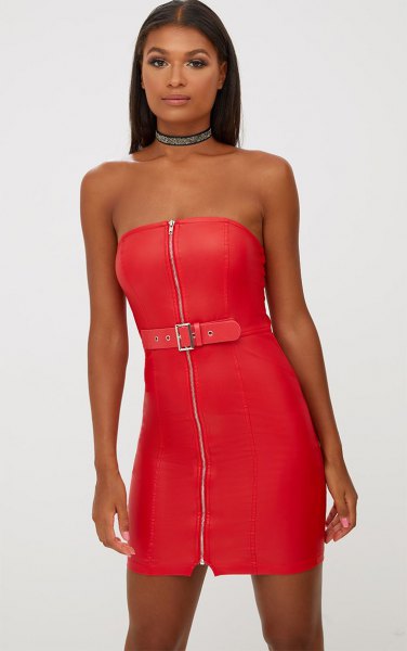 red faux leather tube dress with front zip and collar
