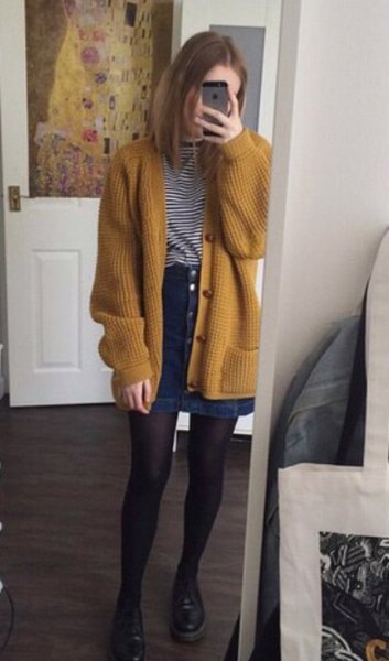 ribbed dark mustard sweater jacket with blue denim button down front skirt