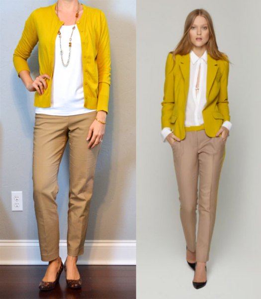 Mustard yellow cardigan with white blouse and beige chinos