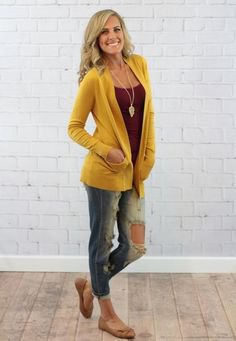 Mustard yellow casual cardigan with gray tank top and scoop neckline