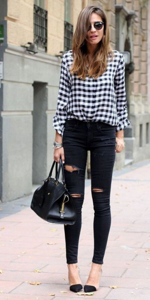 black and white checked shirt ripped skinny jeans