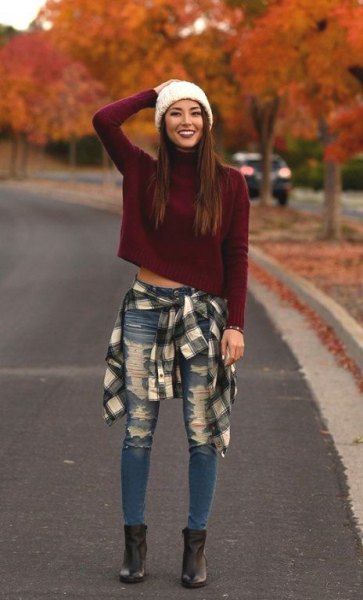 Tie flannel shirt waist cropped sweater jeans