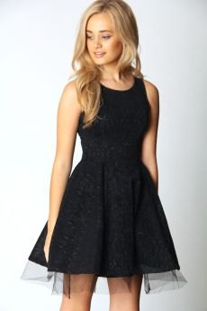 black fit and flared strap dress with chiffon details
