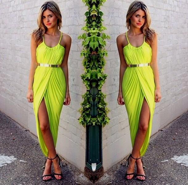green maxi dress with high spaghetti straps and belt