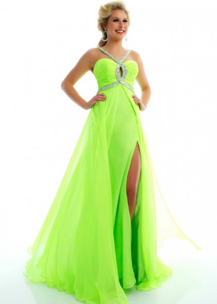 Green and Silver Sequined Chiffon High Split Maxi Flowy Ball Gown