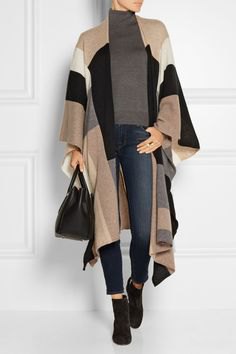 Color block long cashmere wrap gray turtleneck sweater