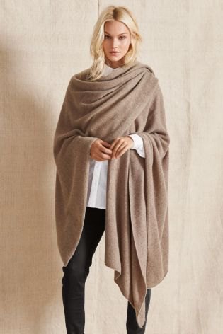 white shirt with camel cashmere wrap