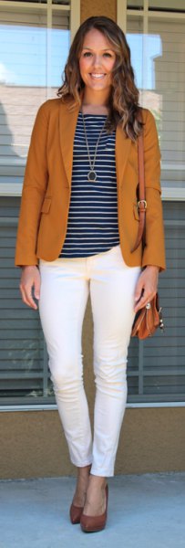 red blazer with striped t-shirt and ankle jeans