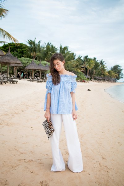 sky blue off the shoulder blouse with white palazzo pants