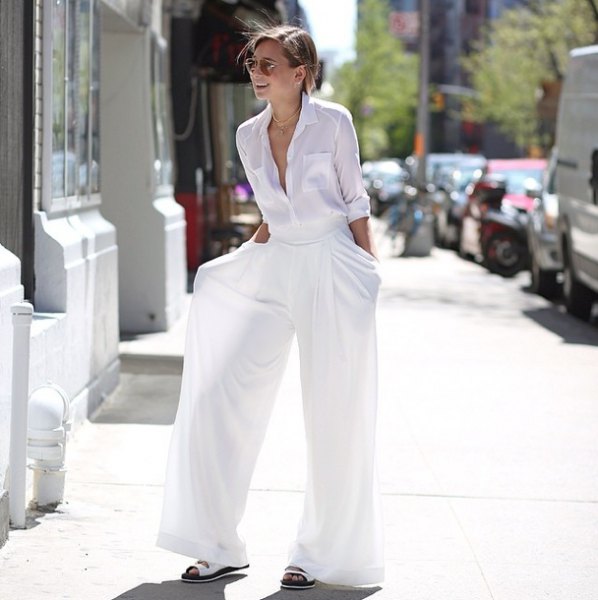 white button down shirt and matching palazzo trousers and sandals