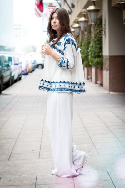 white and blue cardigan with tribal print