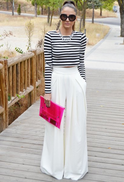 black and white striped long sleeve cropped t-shirt with palazzo pants