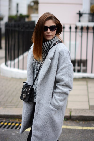 light gray oversized cocoon coat with ribbed chunky sweater