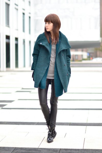 gray cocoon coat with blue chambray longline shirt and leather leggings