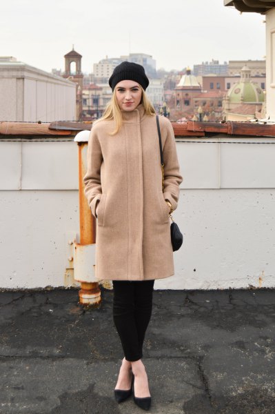 Crepe cocoon coat with black leggings and ballet flats