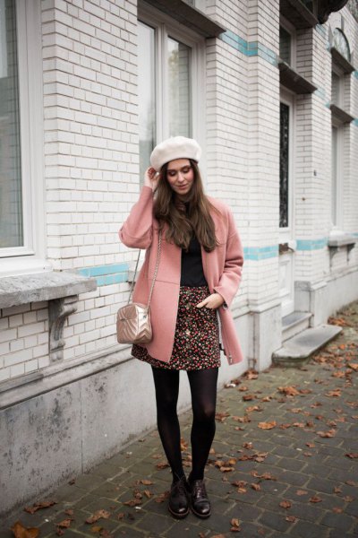 Blush pink wool coat with black and white printed mini skirt