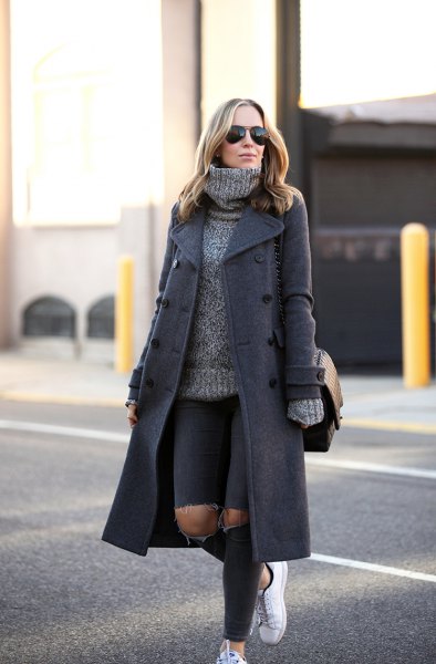 gray wool maxi coat with thick turtleneck sweater