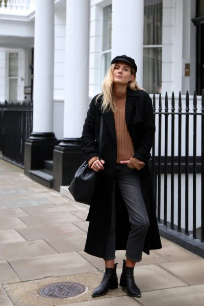 black maxi coat with ribbed sweater with camel mock neck