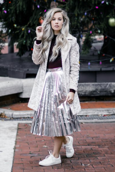 gray teddy coat, silver metallic pleated skirt