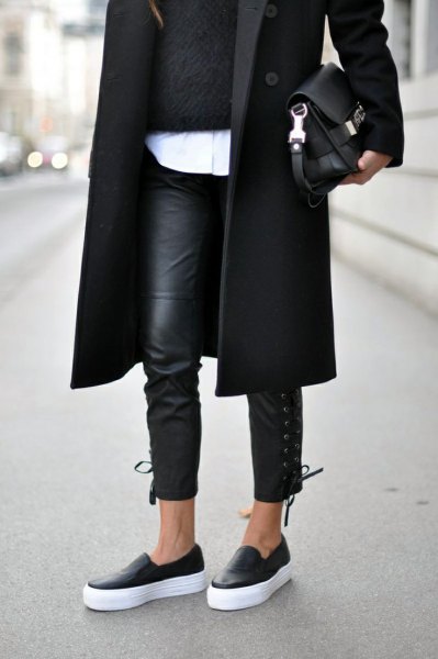 black longline wool coat with leather leggings