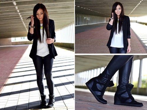Blazer jacket with a white chiffon t-shirt and black leather platform sneakers