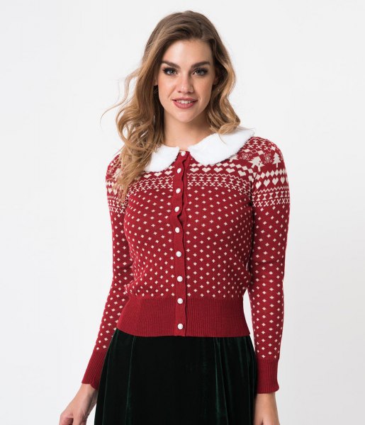 red and white christmas printed button cardigan with black skirt
