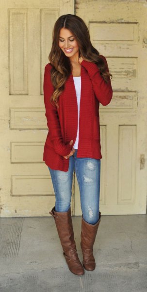 red longline cardigan with white scoop neck t-shirt and brown knee high boots