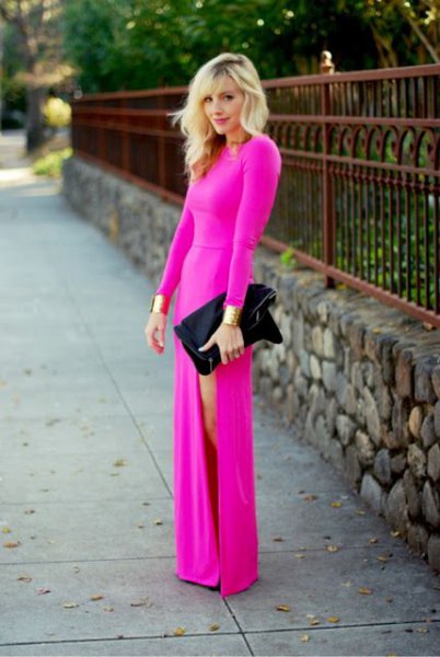 Pink floor-length dress with long sleeves and side slit