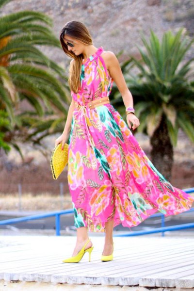 Pink and yellow floral print maxi dress with lemon heels