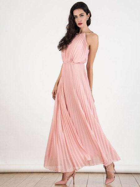 Light pink halter fit and flared pleated chiffon maxi dress