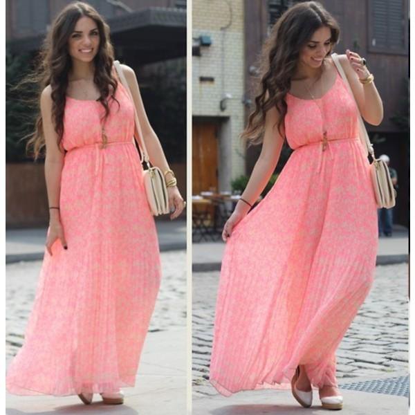 Blush pink maxi dress with scoop neckline and ruched waist