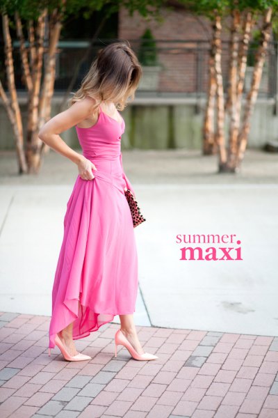 pink maxi high low dress with heels and leopard print clutch