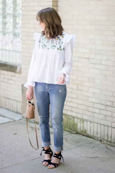 white boho style embroidered blouse