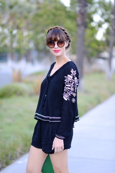 black embroidered blouse mini shorts