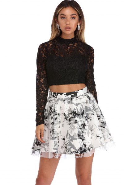 black long sleeve skater skirt with lace bodice and floral print