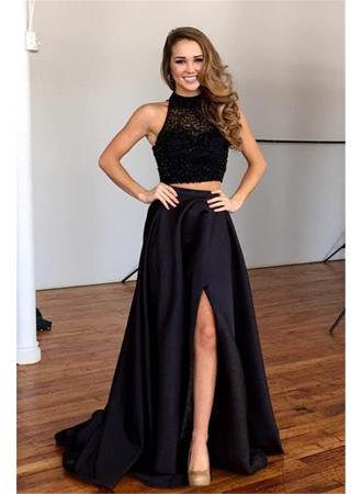 black two-piece maxi dress with stand-up collar