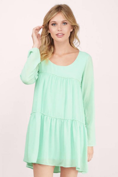 long sleeve seafoam green babydoll mini dress