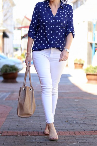 blue and white polka dot shirt, white skinny jeans