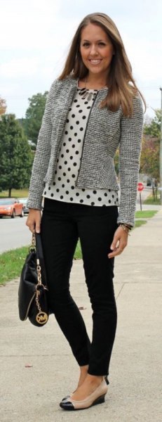 Tweed cardigan with white and black polka dot blouse