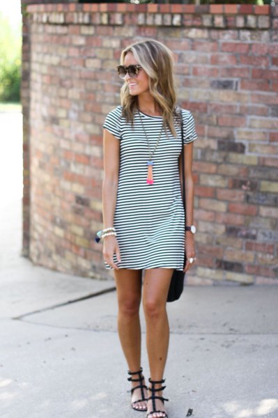 dark blue and white striped mini t-shirt dress and black strappy sandals