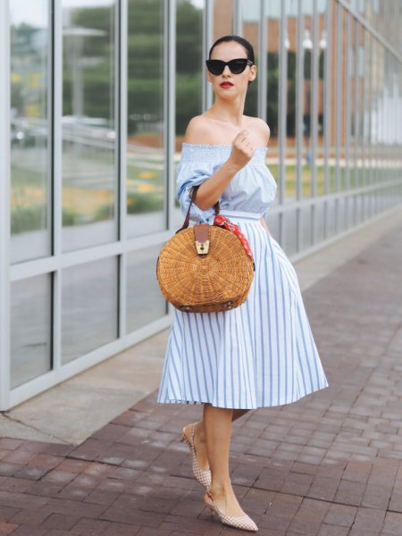 Light blue and white striped fit and flare midi dress