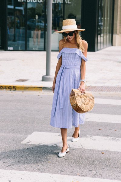 Off the shoulder fit and flared midi dress with straw hat