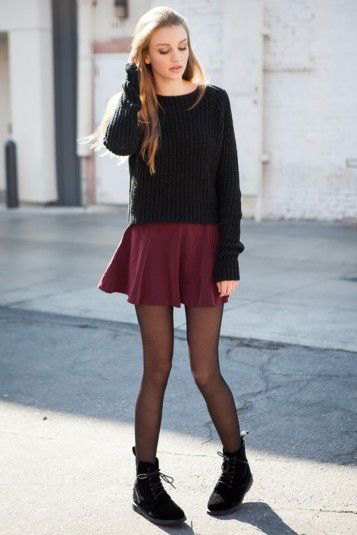black knit sweater mini skirt leggings boots