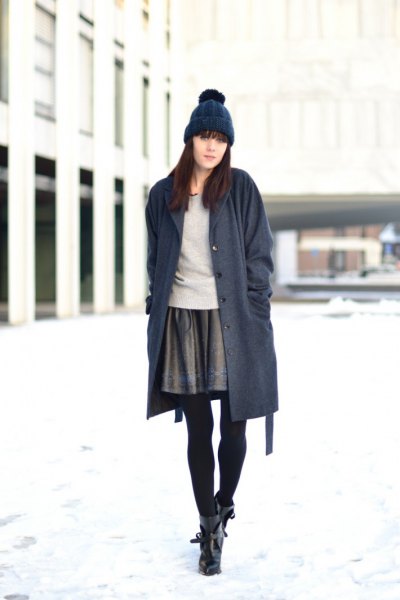 gray mini skirt long dark blue cardigan knit hat