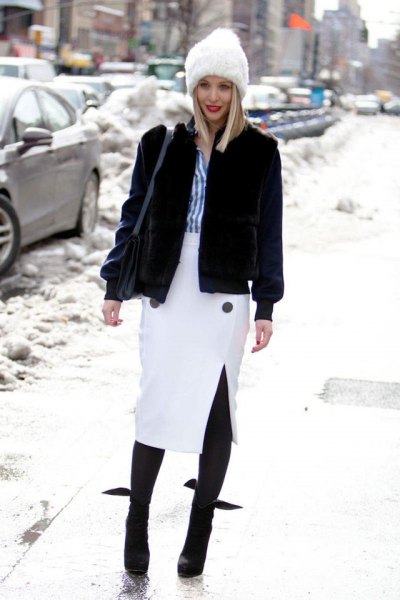 white midi pencil skirt black fleece coat in winter