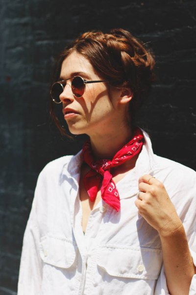 white linen button shirt red silk scarf