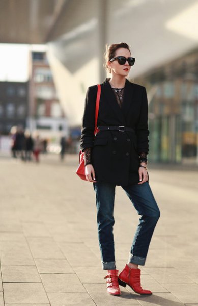 black belted trench coat jeans