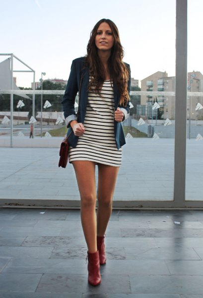 red leather ankle boots striped shirt dress