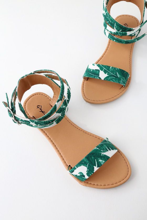 Seaview Green and White Tropical Print Ankle Strap Flat Sandals.