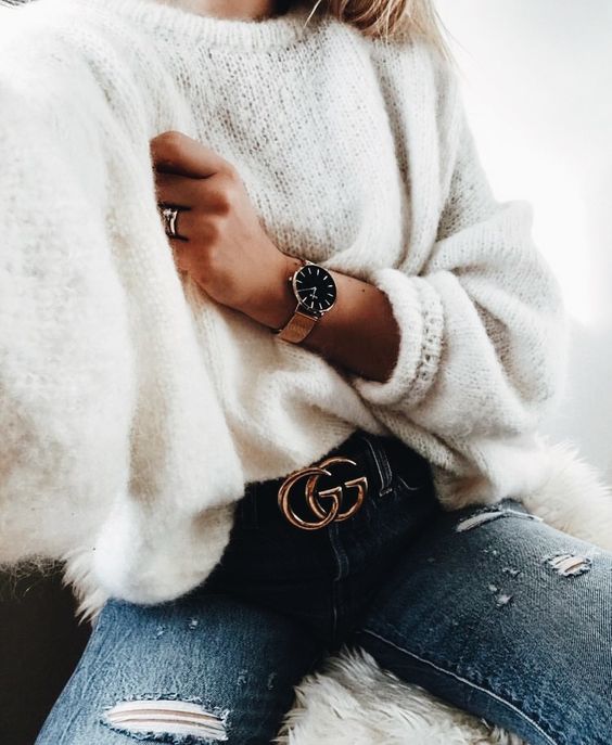 white fluffy sweater jeans